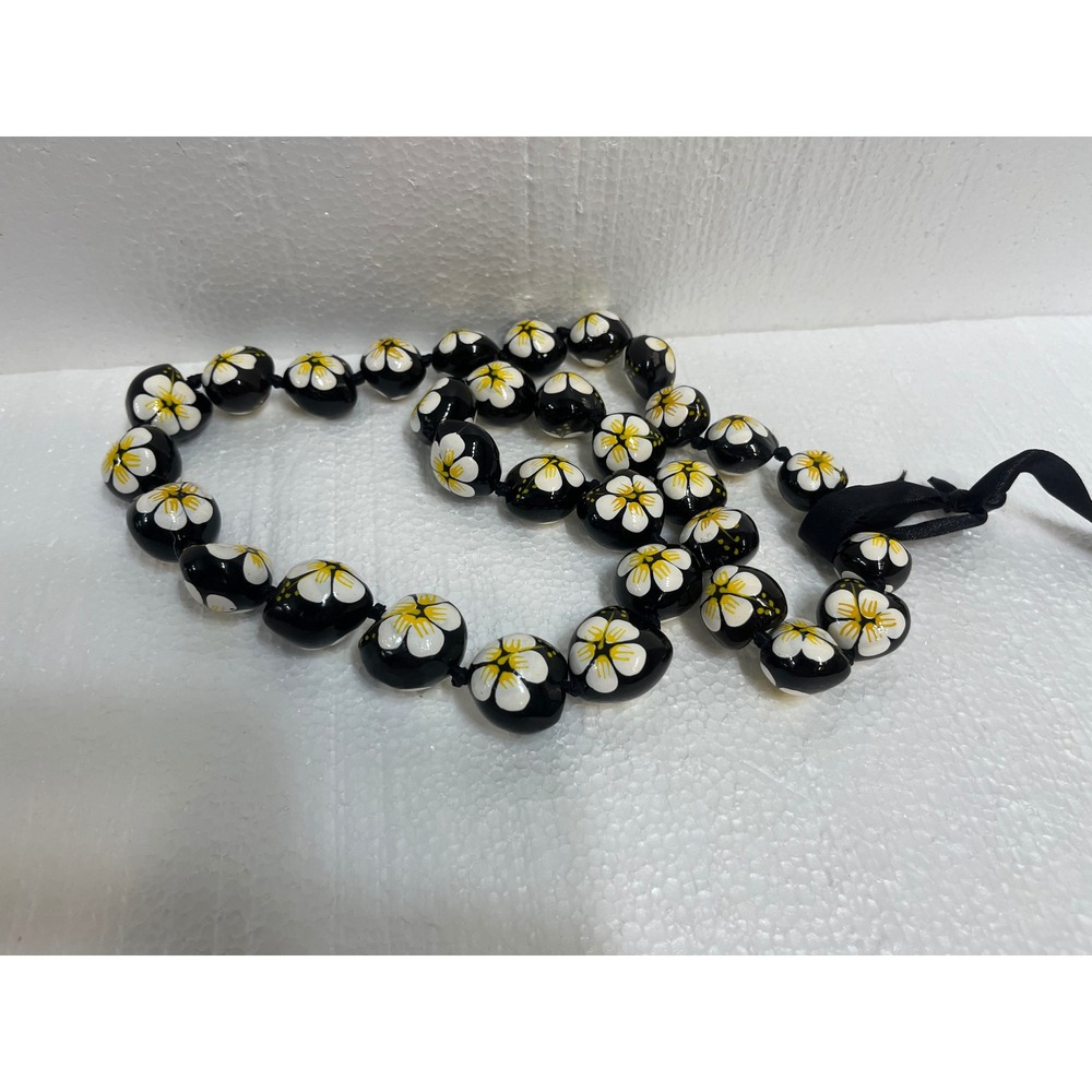 Black Beaded Necklace White Flower Beads Ribbon Tie Aloha Hawaiian Style